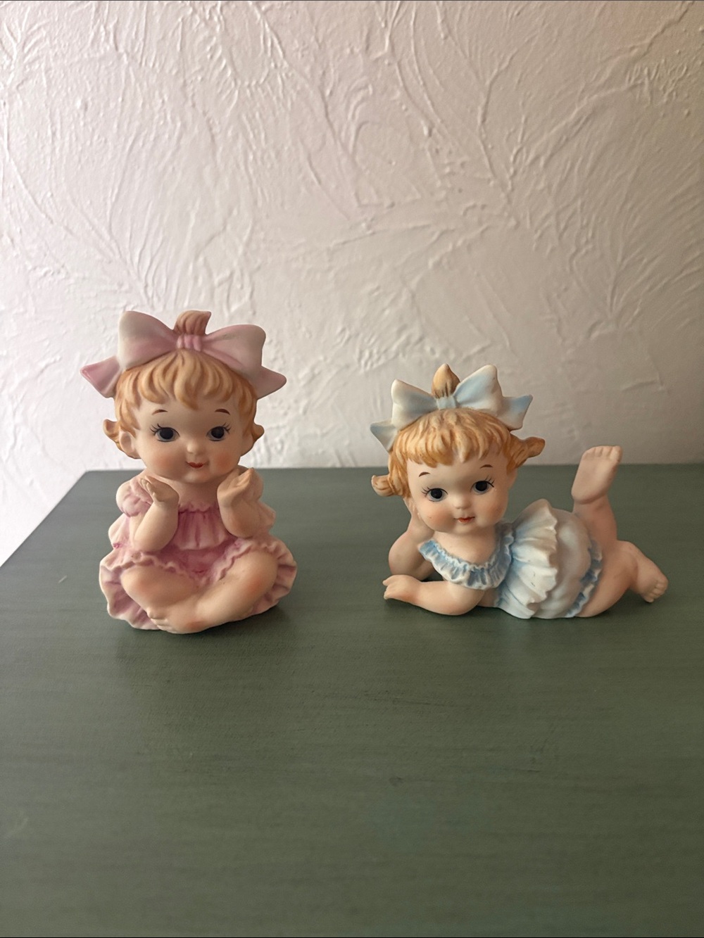 Lefton Pink and Blue Sitting Baby Girl Porcelain Figurines